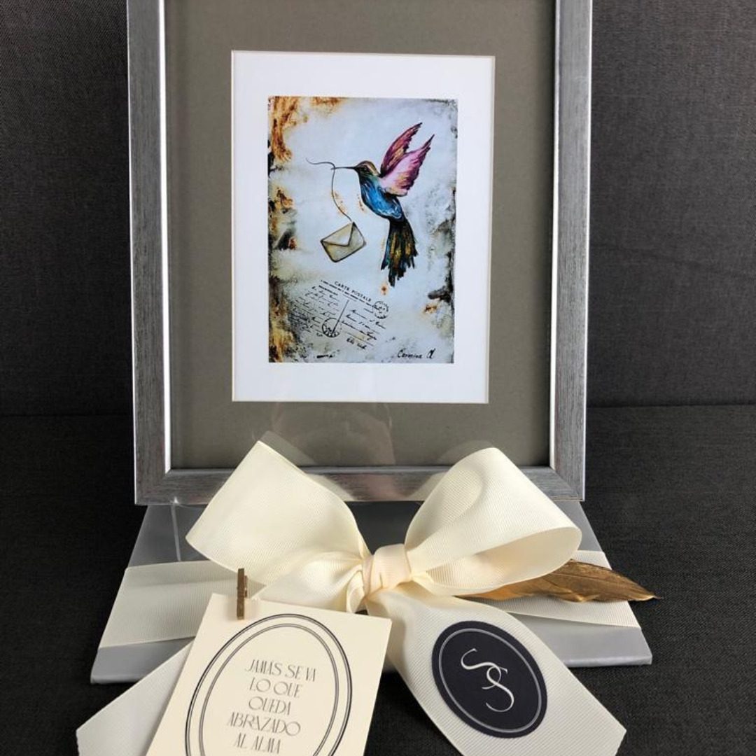 PINTURA ENMARCADA DE COLIBRÍ CON JAULAS Y MENSAJES - Imagen 2