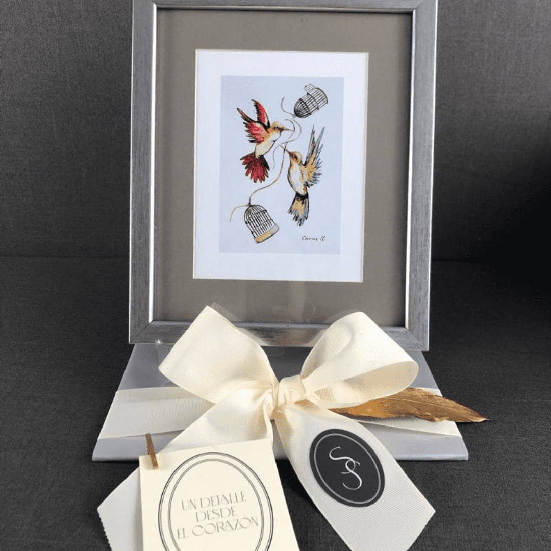 PINTURA ENMARCADA DE COLIBRÍ CON JAULAS Y MENSAJES