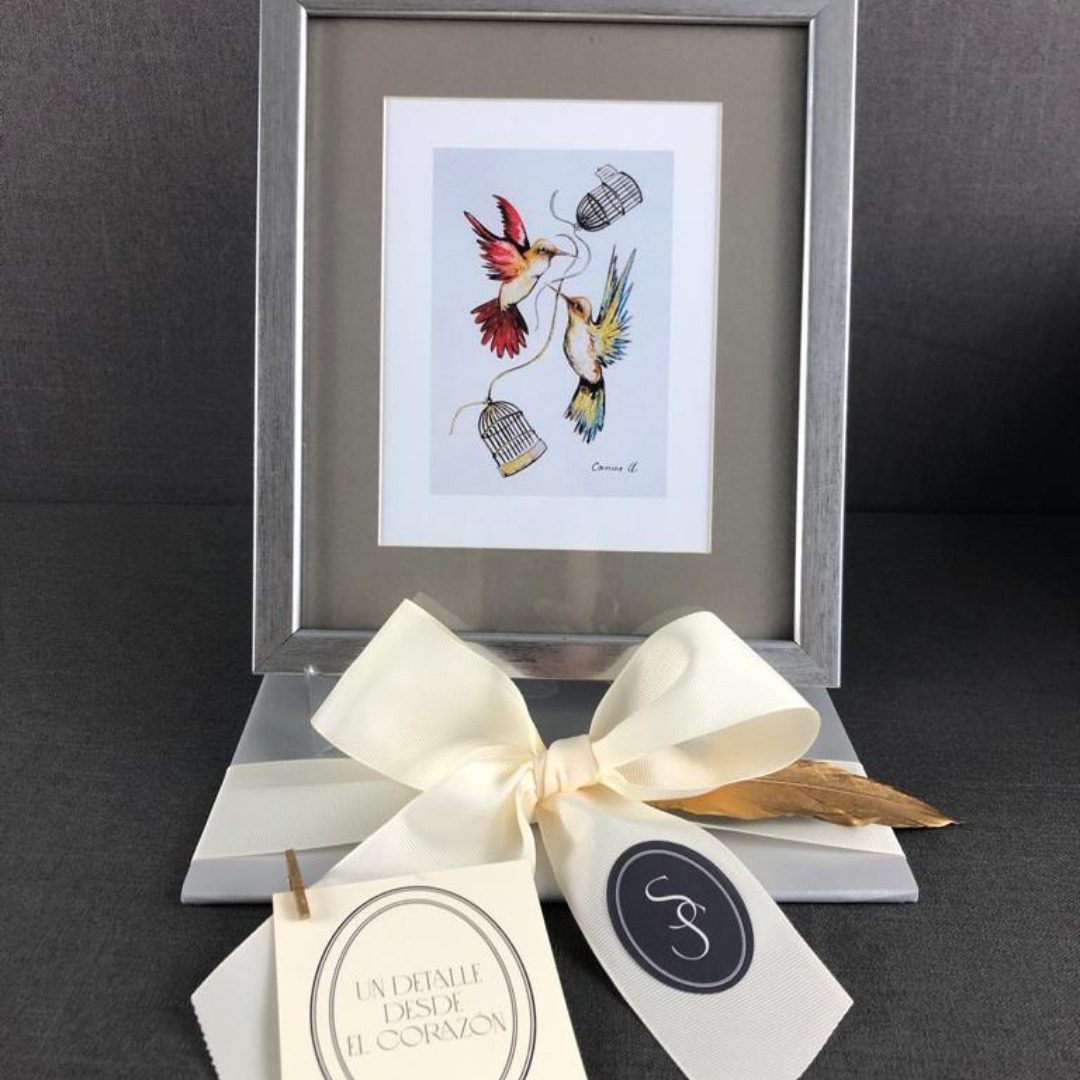 PINTURA ENMARCADA DE COLIBRÍ CON JAULAS Y MENSAJES - Imagen 3